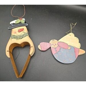 2 Wood Ornaments Snowman With Heart‎ Cookie Cutter And Angel Ornament